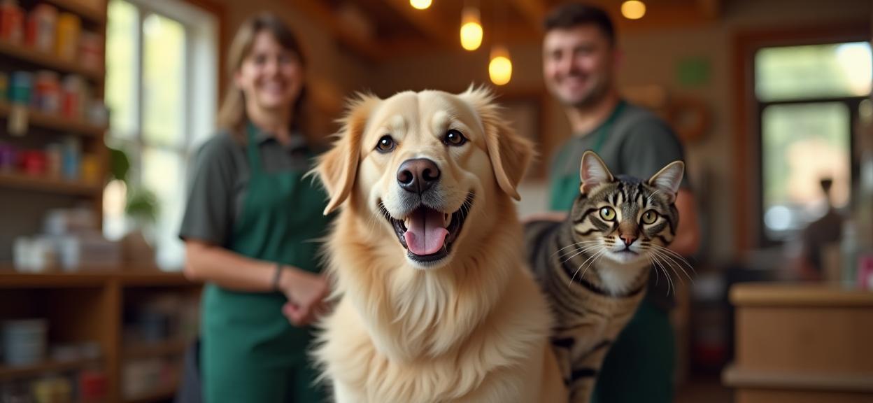 Happy dog and cat with smiling staff in pet store