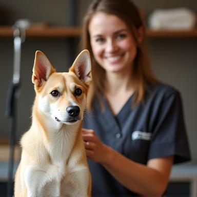 Dog being groomed by smiling professional