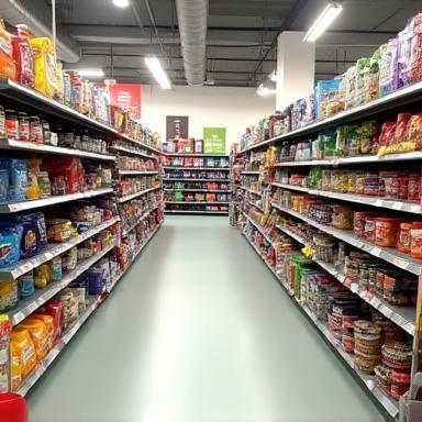 Aisles of pet food and supplies